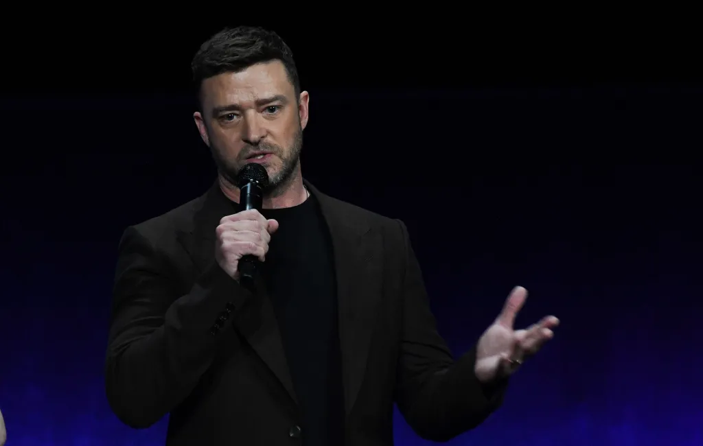 Justin Timberlake speaks on stage at CinemaCon 2023.