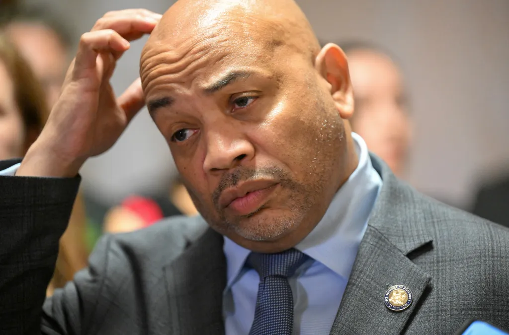 New York Assembly Speaker Carl Heastie, D-Bronx, talks with reporters about issues with 2026 state budget at the state Capitol Monday, April 28, 2025, in Albany, N.Y. 