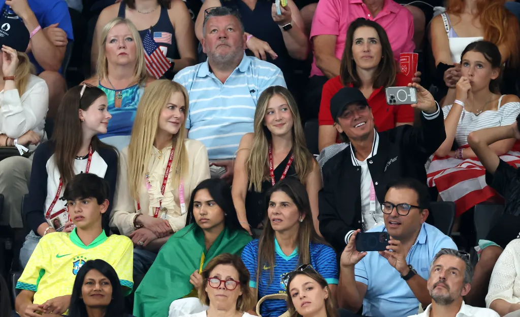 Nicole Kidman and Keith Urban with their daughters Faith and Sunday Rose watch the Artistic Gymnastics Women's Team Final at the Olympic Games Paris 2024.