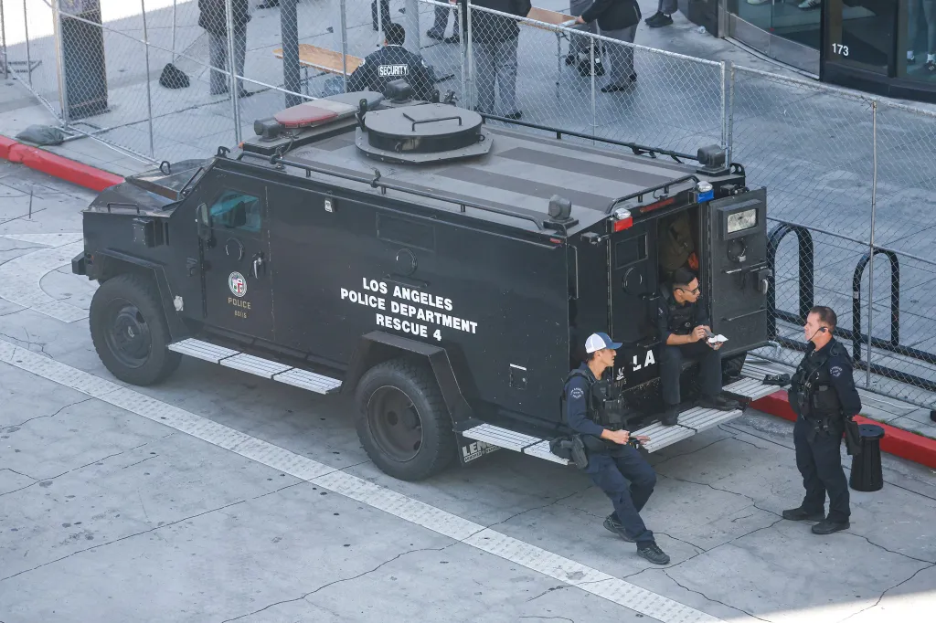 Los Angeles Police Department officers and their armored vehicle provide security for the 98th Academy Awards.