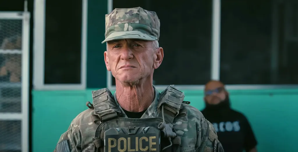 Sean Penn as a police officer in camouflage uniform.