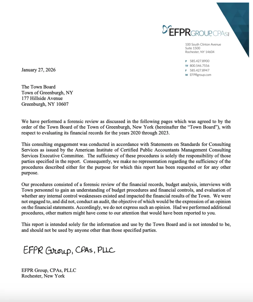 Page 1 of a forensic review of Greenburgh New York's government, which found widespread financial issues.