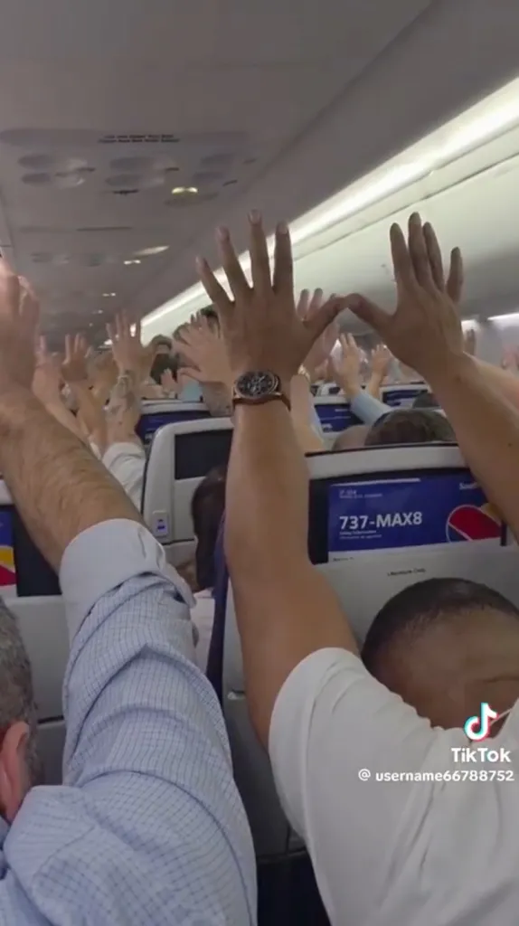 Passengers with hands raised inside a Southwest 737 MAX 8 aircraft.