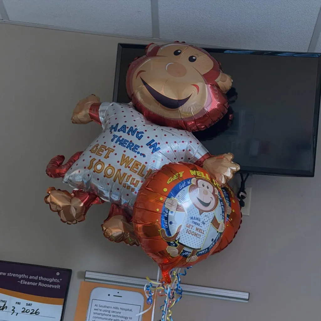 Two monkey-shaped balloons, one with the words 