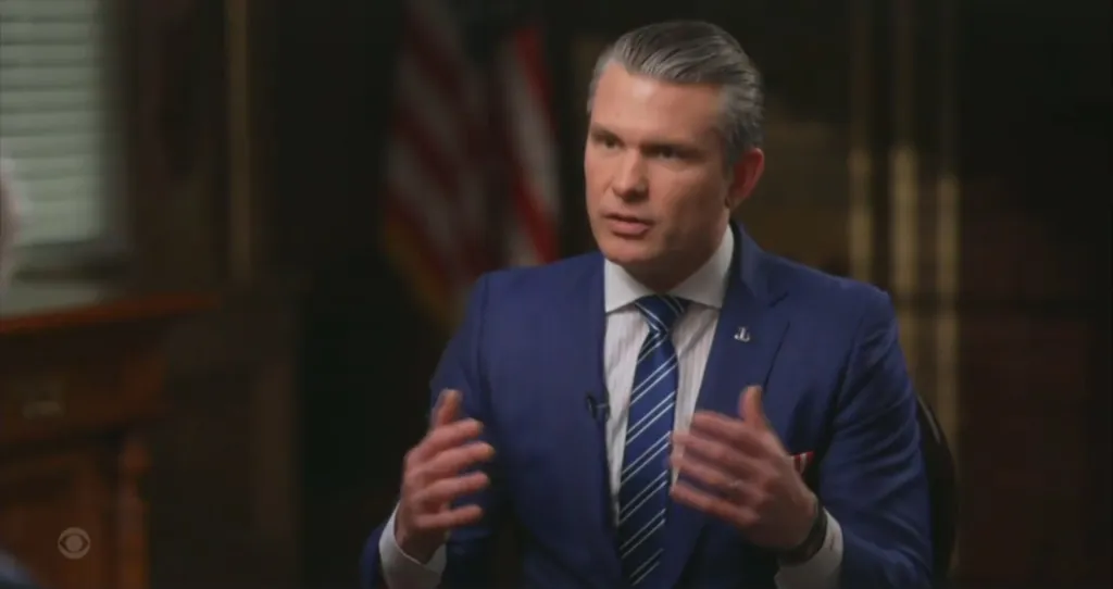 Pete Hegseth speaking during an interview about toppling Iran.