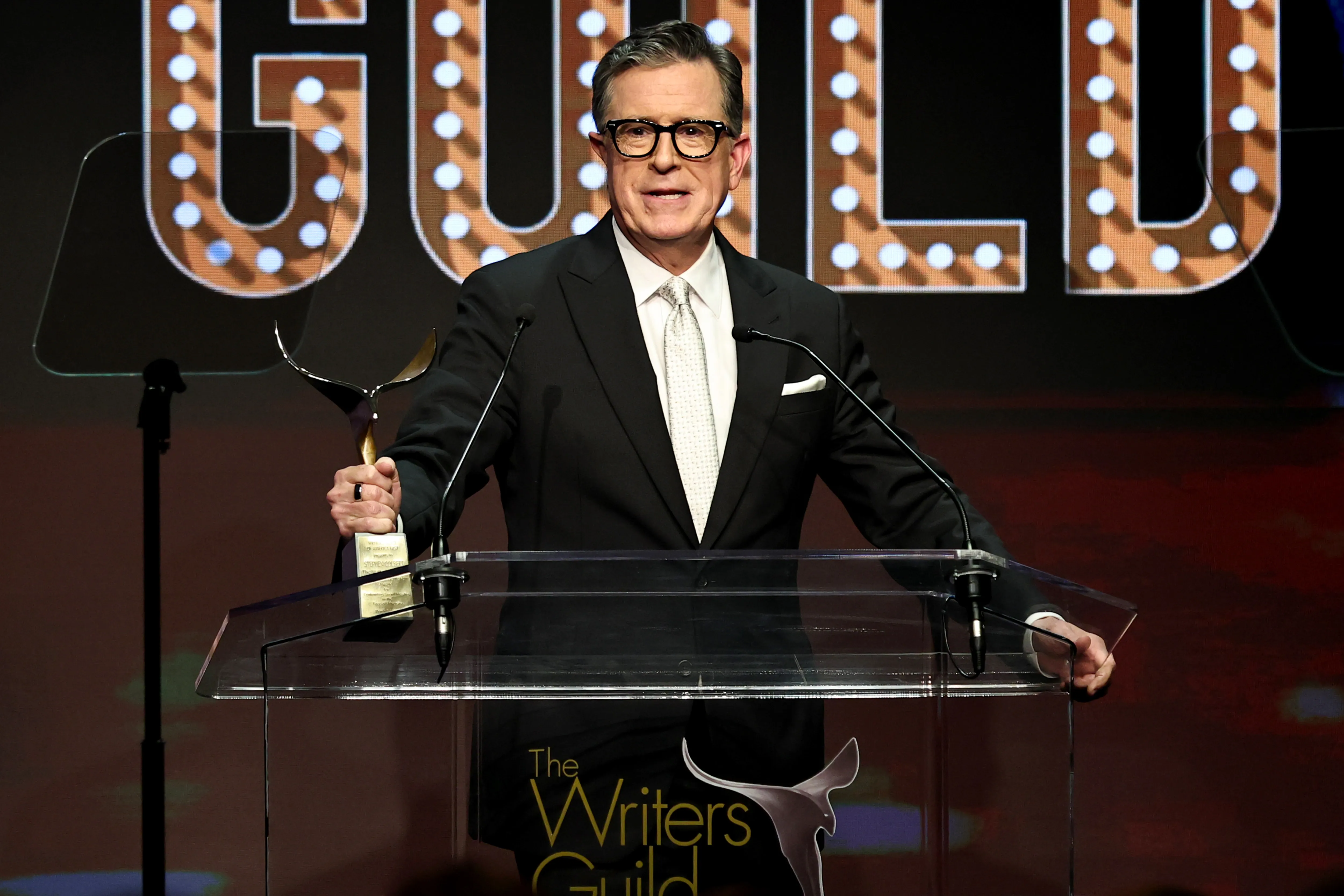 Stephen Colbert speaks during the 2026 Writers Guild Awards New York Ceremony at Edison Ballroom on March 08, 2026 in New York City.