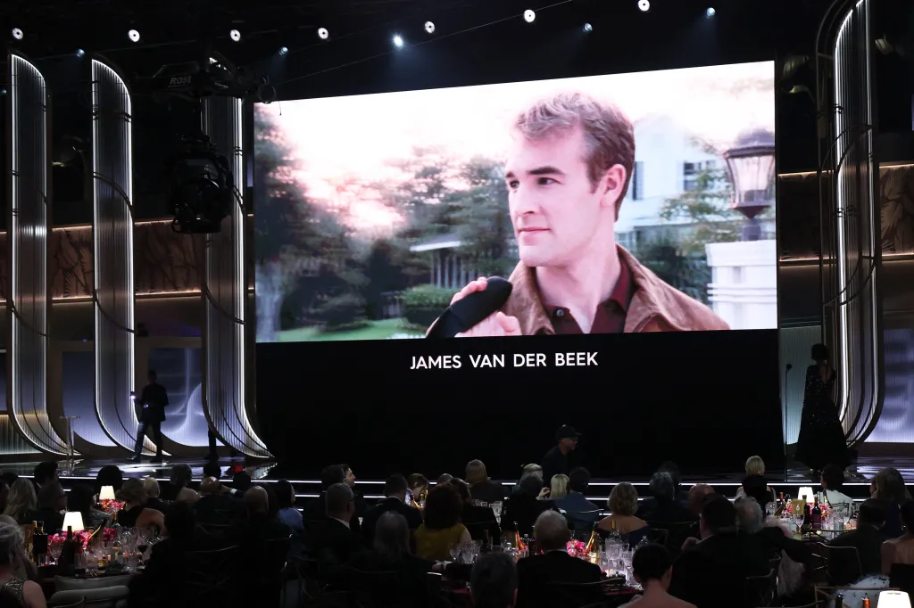 An image of James Van Der Beek is displayed on a large screen during the In Memoriam segment at the Actor Awards.