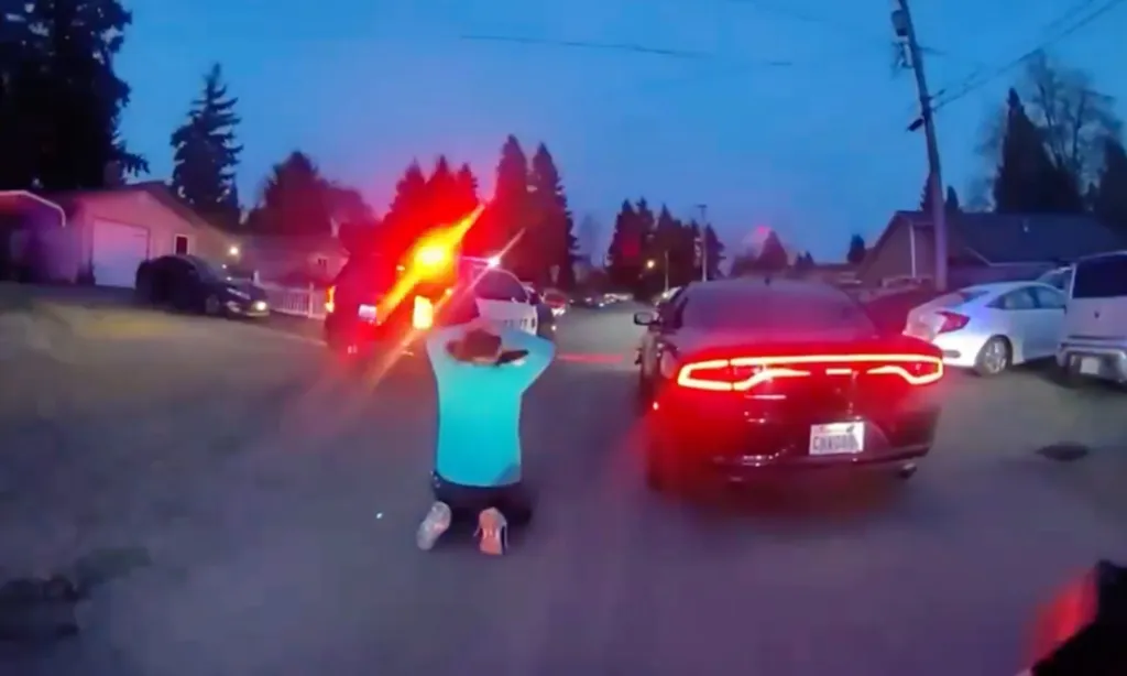 uspect arrested for the 98th time is seen surrendering at gunpoint after a high-speed chase, according to the Thurston County Sheriff’s Office. 
