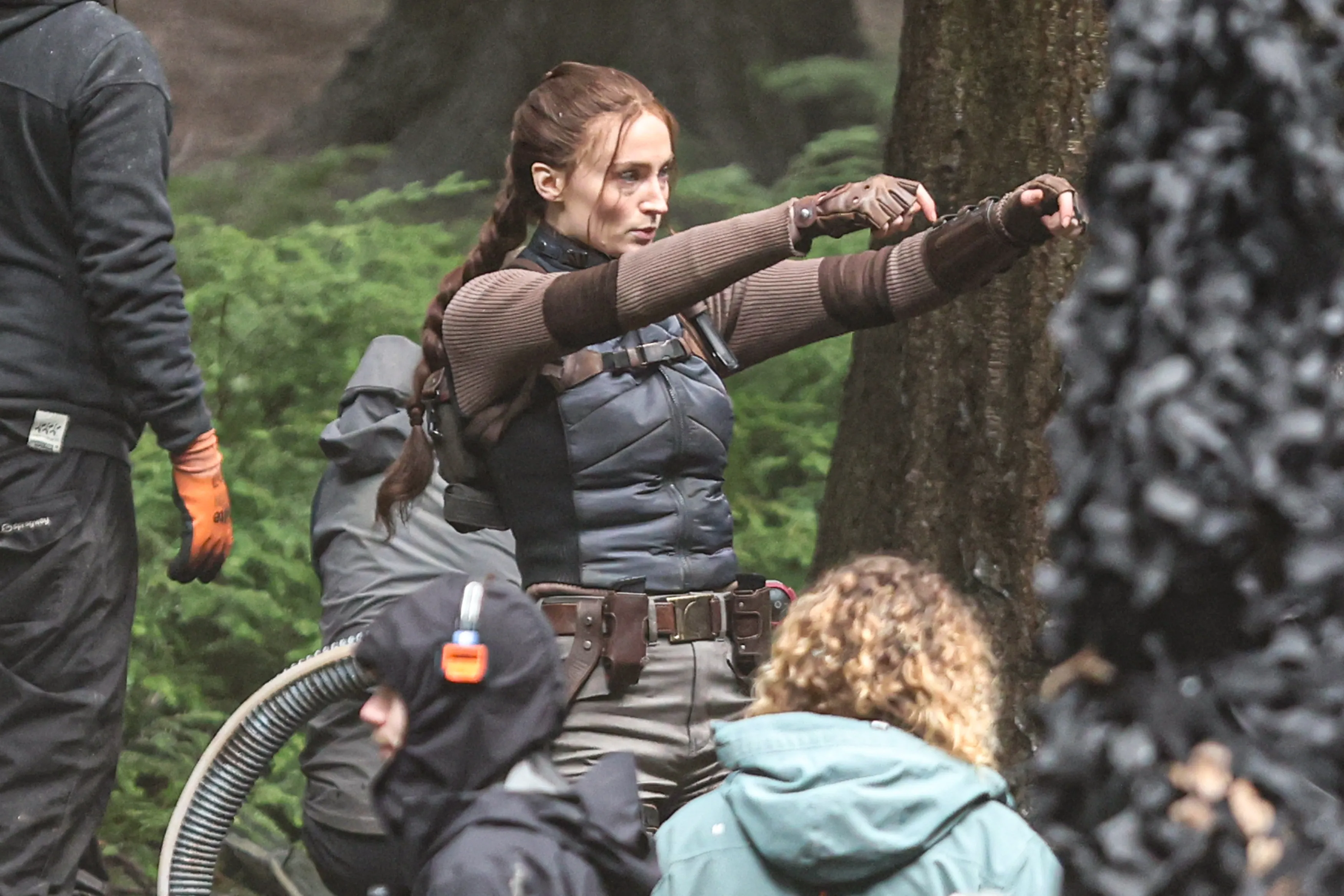Sophie Turner was seen fully in character as Lara Croft while shooting dramatic action scenes for Tomb Raider in Surrey.