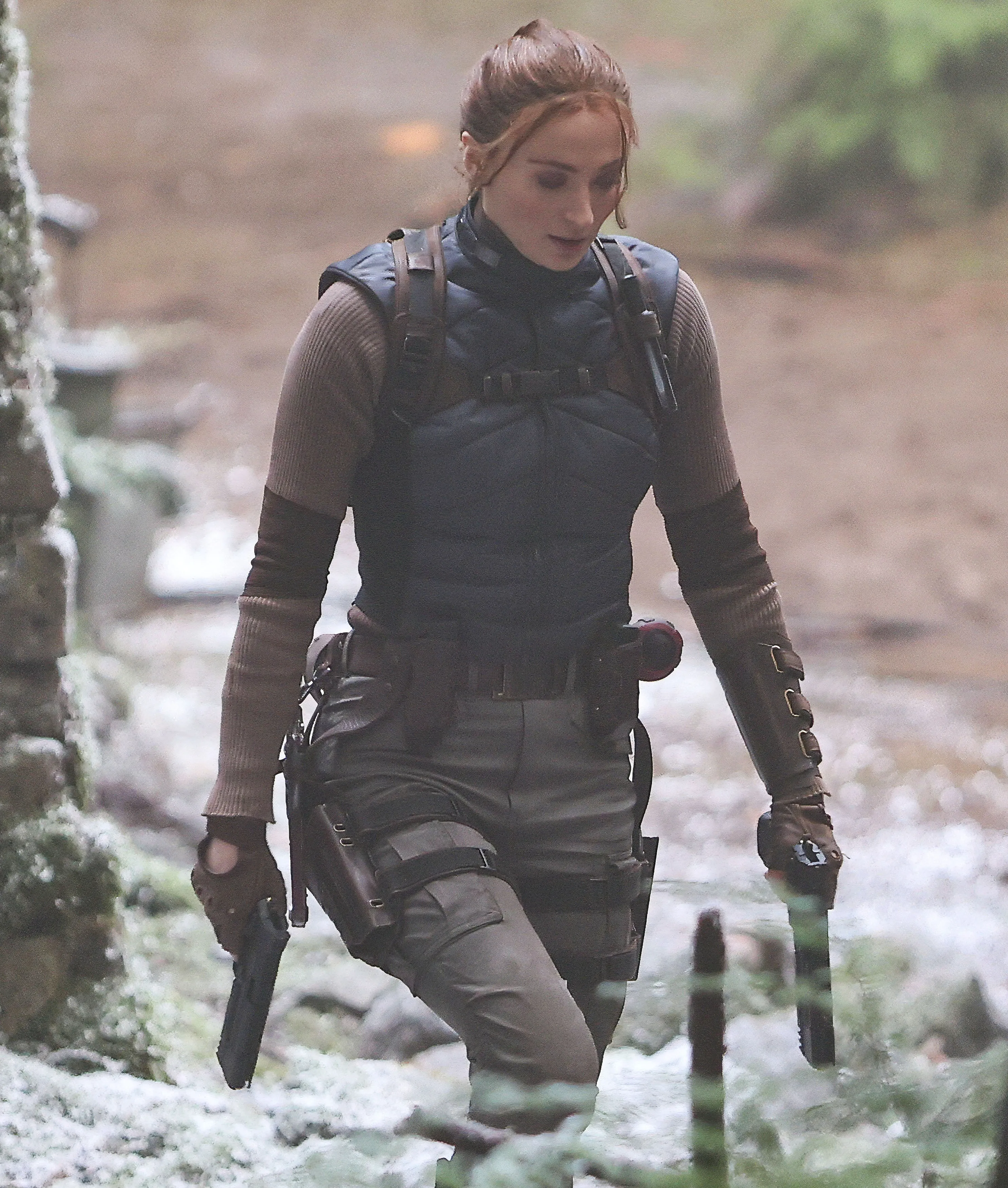 Sophie Turner was seen fully in character as Lara Croft while shooting dramatic action scenes for Tomb Raider in Surrey.