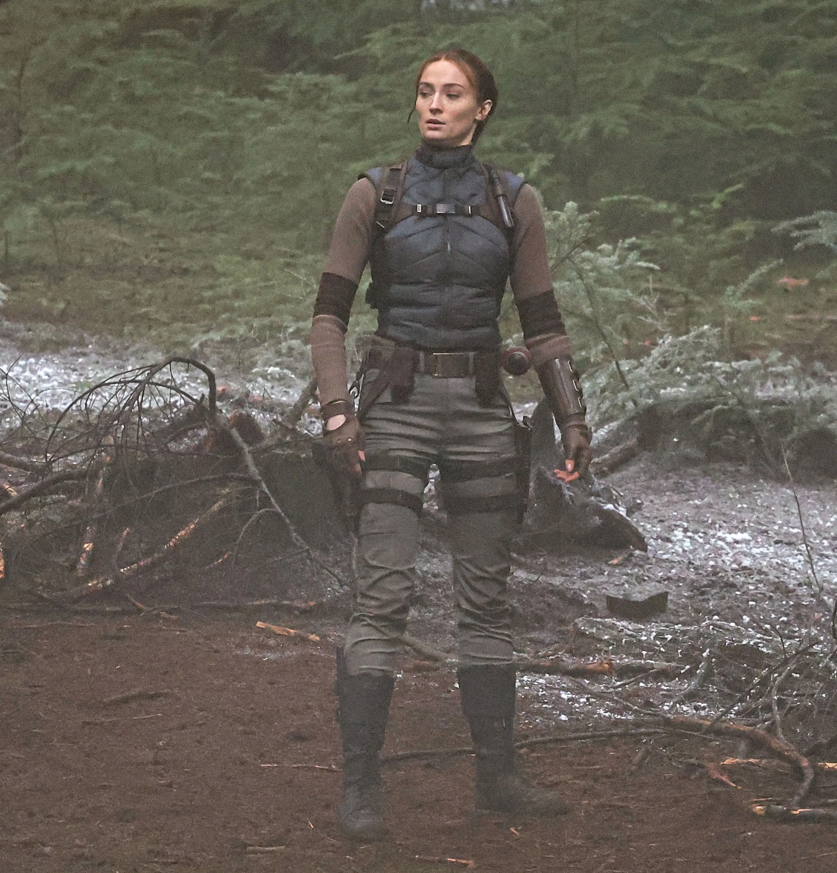 Sophie Turner was seen fully in character as Lara Croft while shooting dramatic action scenes for Tomb Raider in Surrey.