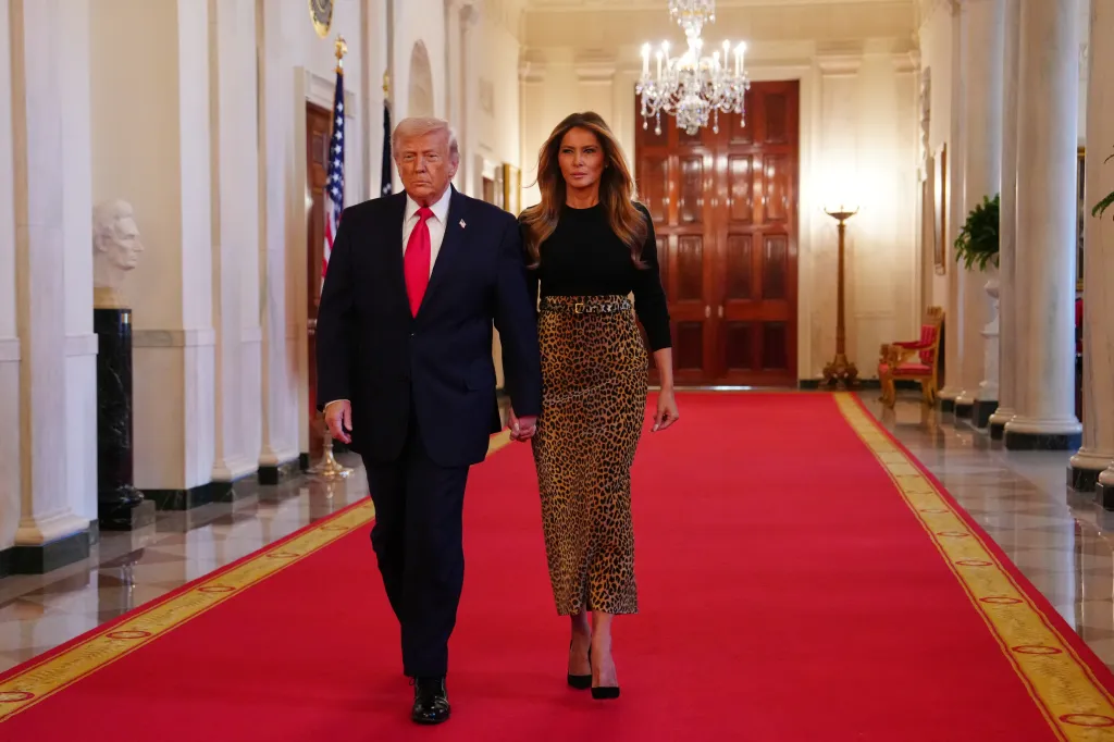 President Donald Trump and first lady Melania Trump arrive for a women's history month event in the East Room at the White House, Thursday, March 12, 2026, in Washington. (AP Photo/Julia Demaree Nikhinson)
