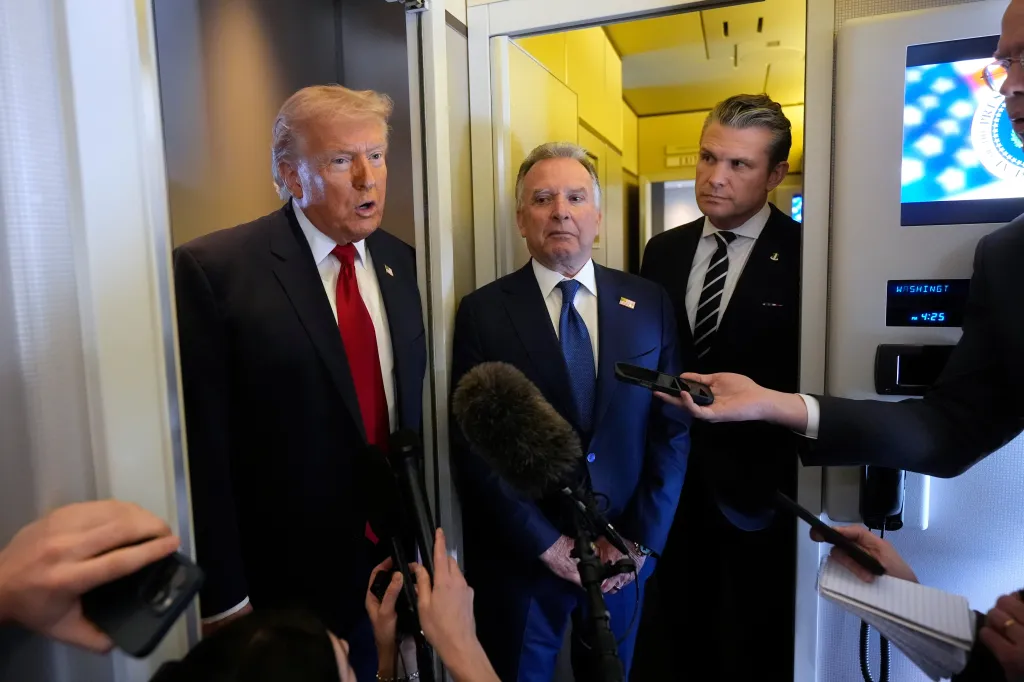 Donald Trump, Steve Witkoff, and Pete Hegseth speaking to reporters on Air Force One.