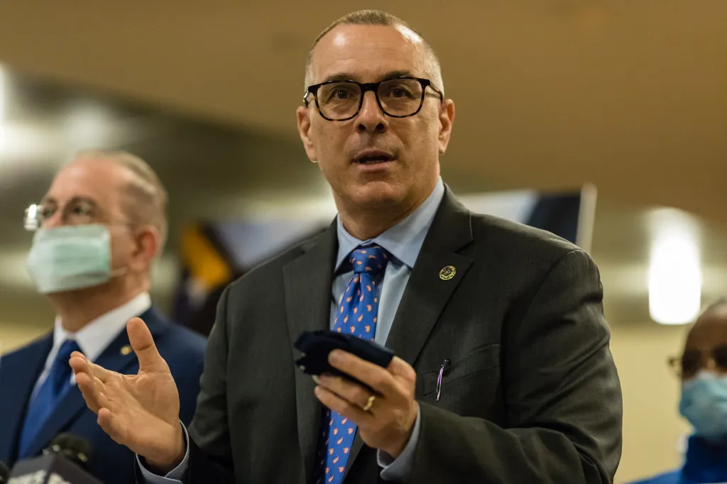 Lou Turco speaking at a press conference.