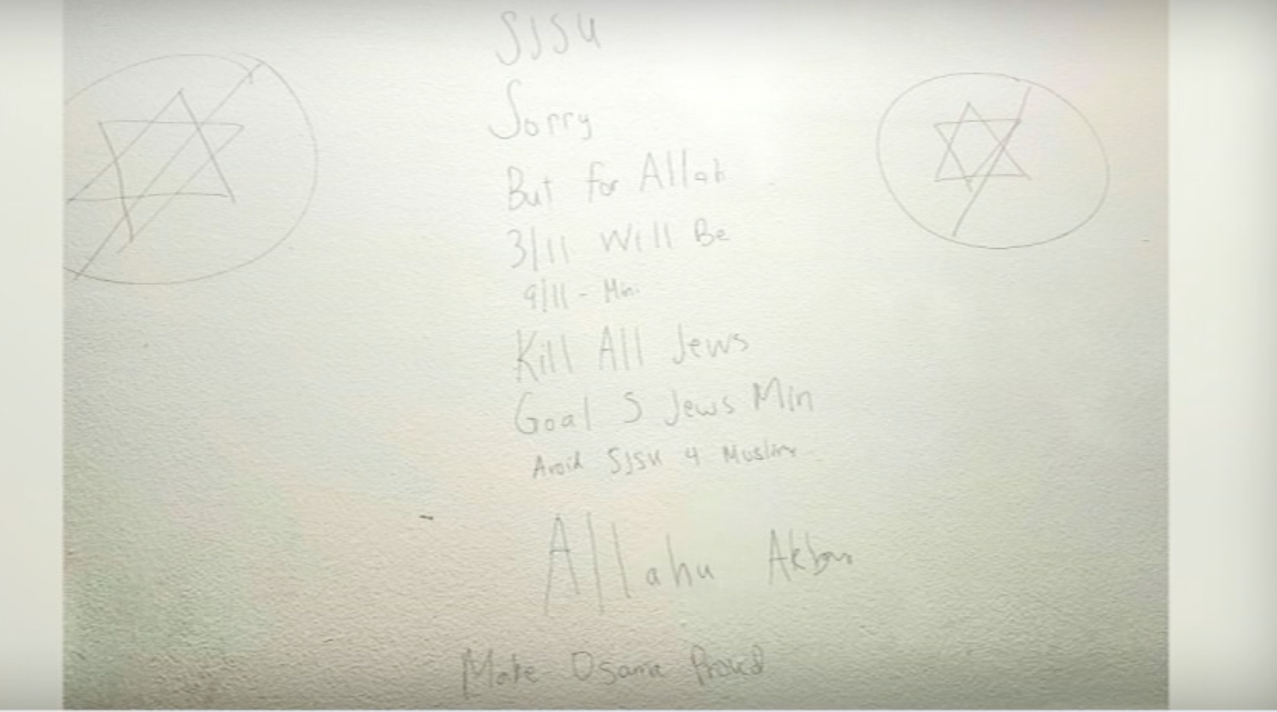 Antisemitic graffiti on a white wall at San Jose State University, with messages including