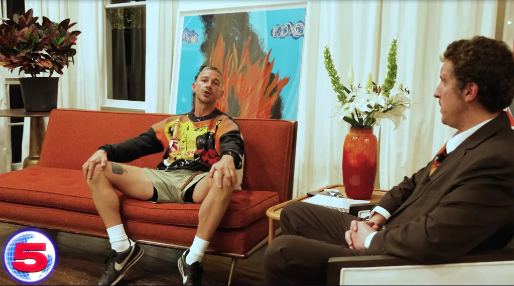 Shia LaBeouf being interviewed by Andrew Callaghan on Channel 5.