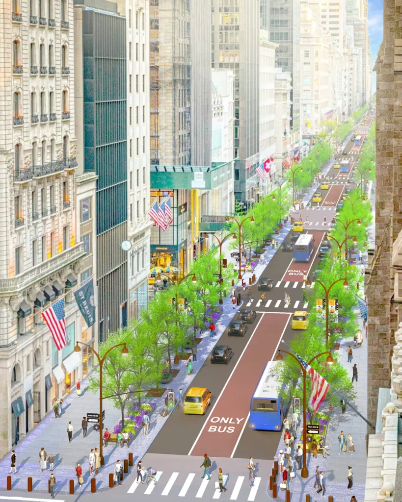 Illustration of the redesigned 5th Avenue with wider sidewalks, a dedicated bus lane, trees, and pedestrian areas.