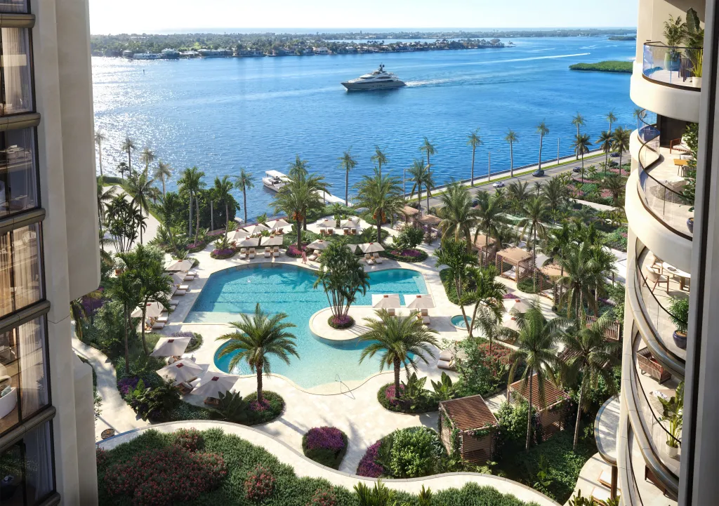Illustration of a resort with a large pool, palm trees, and a yacht on the water.