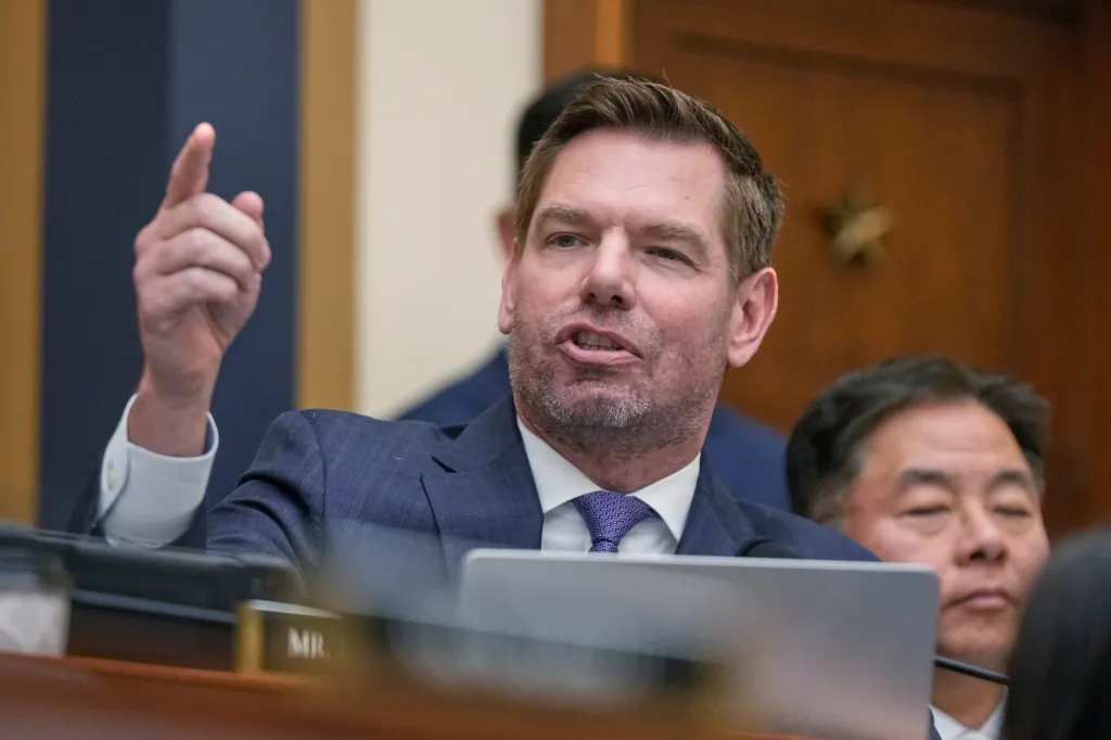 Representative Eric Swalwell speaking and pointing during a House Judiciary Committee hearing.