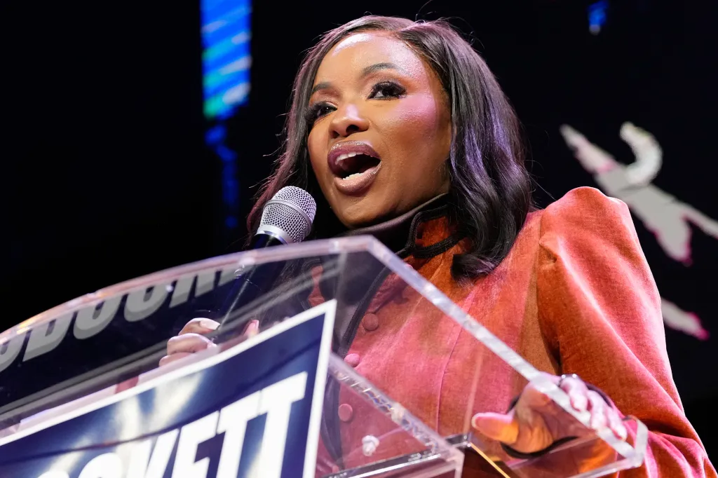 Rep. Jasmine Crockett speaks during a primary election watch party on March 3, 2026.