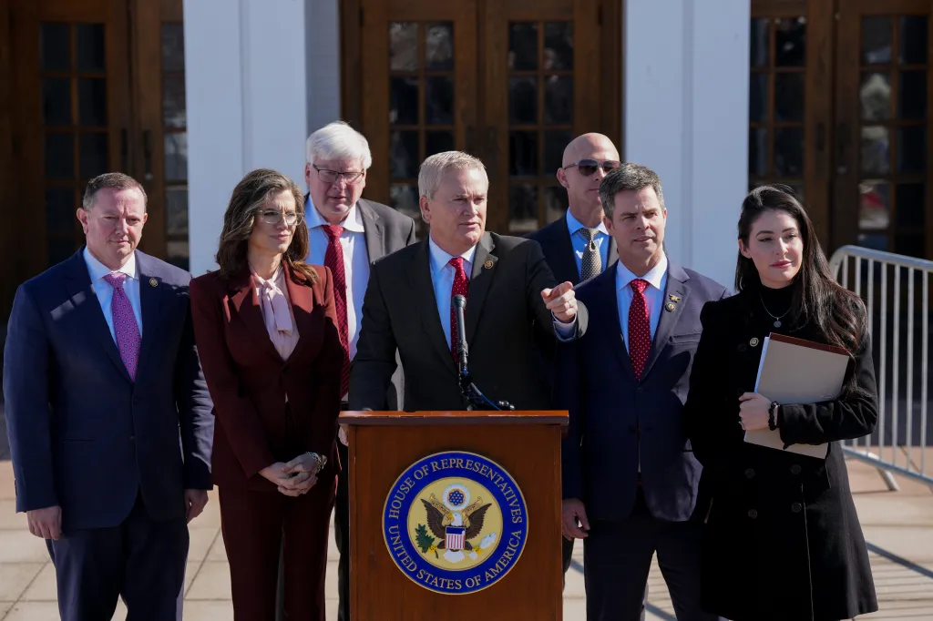 Representative James Comer of Kentucky and other Republican members of the House Oversight Committee speaking to the media.