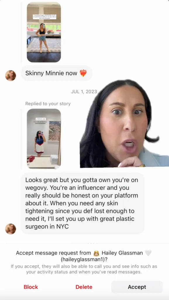 A collage of social media messages and video of an influencer, showing a private message from Hailey Glassman, an RHONY star, body-shaming influencer Claudia Oshry.