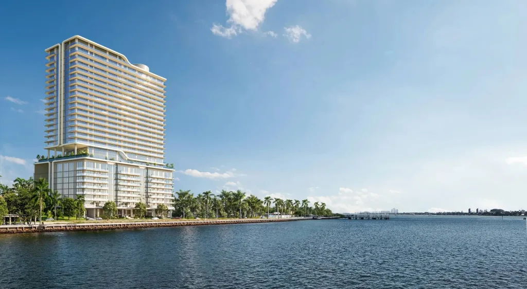 Illustration of The Ritz-Carlton Residences, Palm Beach, a tall building with curved balconies, overlooking the water with palm trees along the shore.