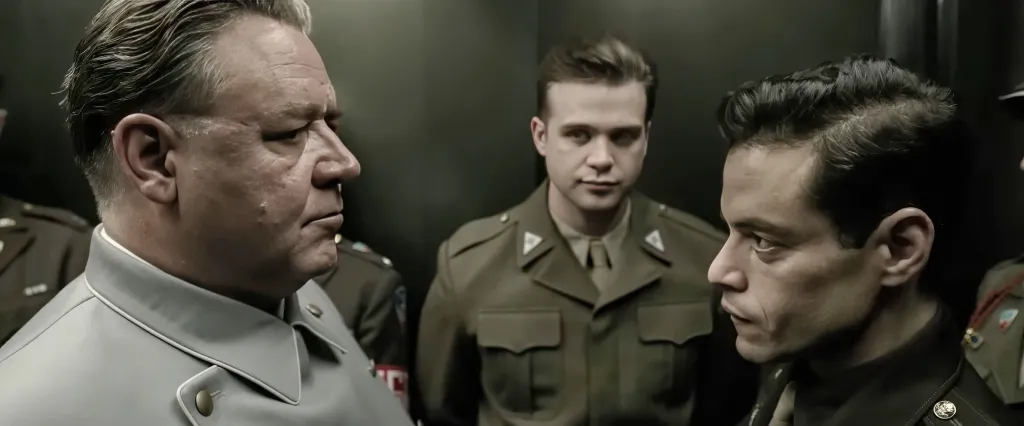 Russell Crowe as Hermann Goring, Leo Woodall, and Rami Malek in a scene from the film 