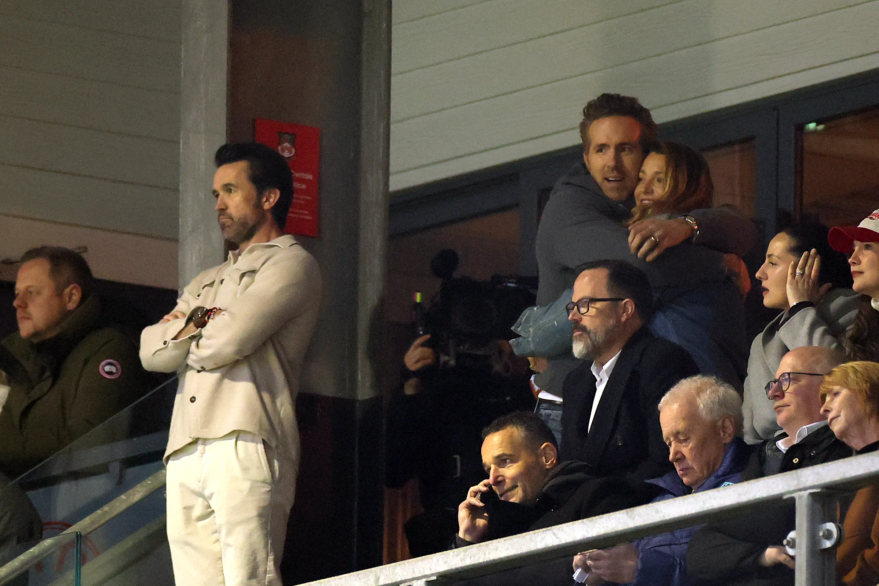Ryan Reynolds embracing Blake Lively at the Wrexham v Chelsea FA Cup match.