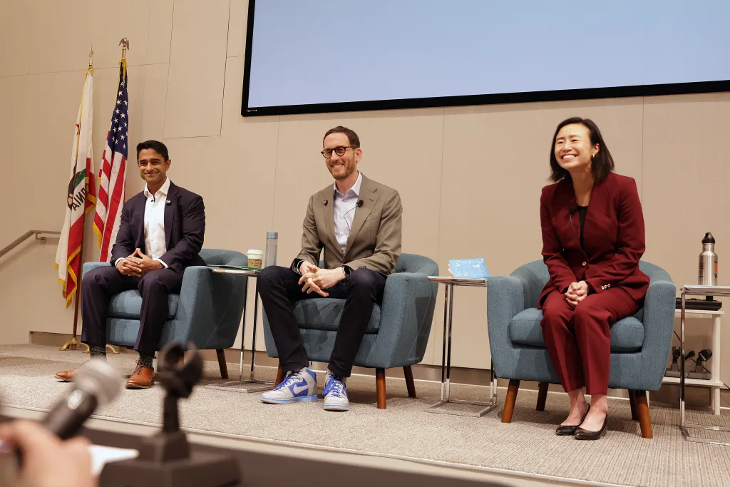 Saikat Chakrabarti, State Senator Scott Wiener, and Supervisor Connie Chan at the San Francisco Congressional District 11 Candidate Forum.