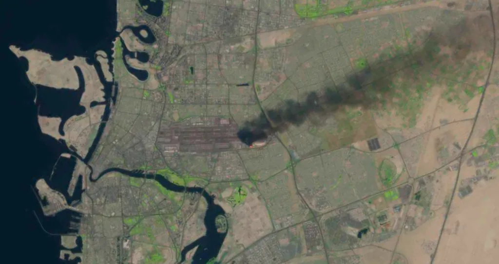 satellite shows the fire after an Iranian drone attack targeting the Dubai International Airport in Dubai, United Arab Emirates, on March 16, 2026.