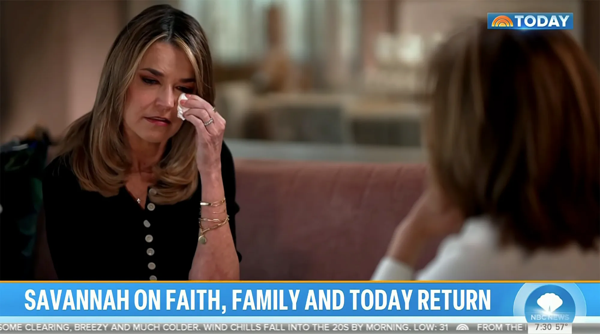 Savannah Guthrie on Today, wiping her eye with a tissue.