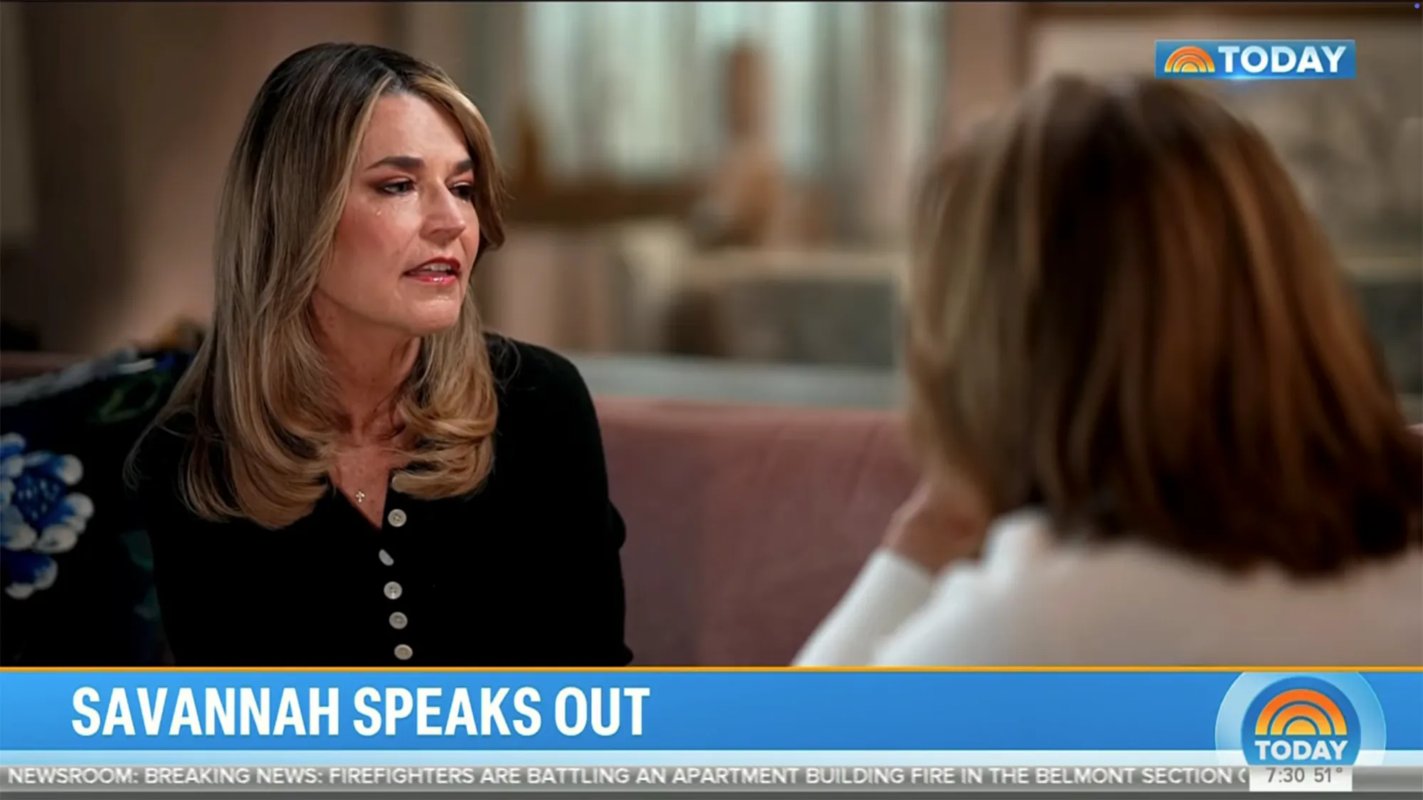 Savannah Guthrie of the Today show with tears in her eyes as she speaks to someone off-camera.