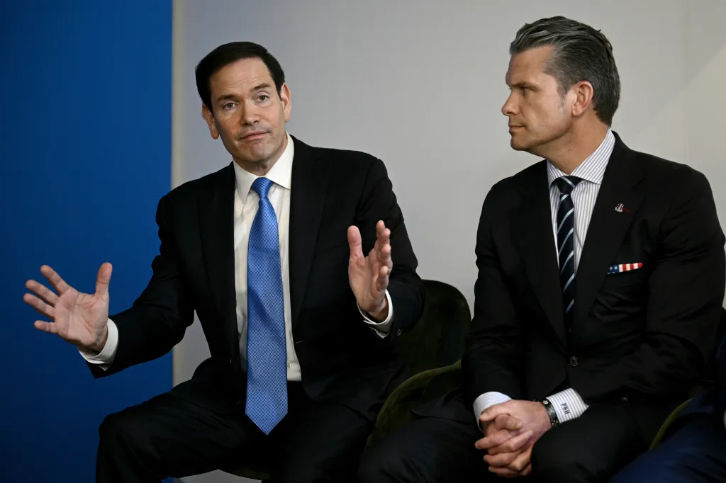 Secretary of State Marco Rubio speaks next to Defense Secretary Pete Hegseth during a meeting between President Donald Trump with NATO Secretary General Mark Rutte at the NATO summit of heads of state and government in The Hague, Netherlands, on June 25, 2025.
