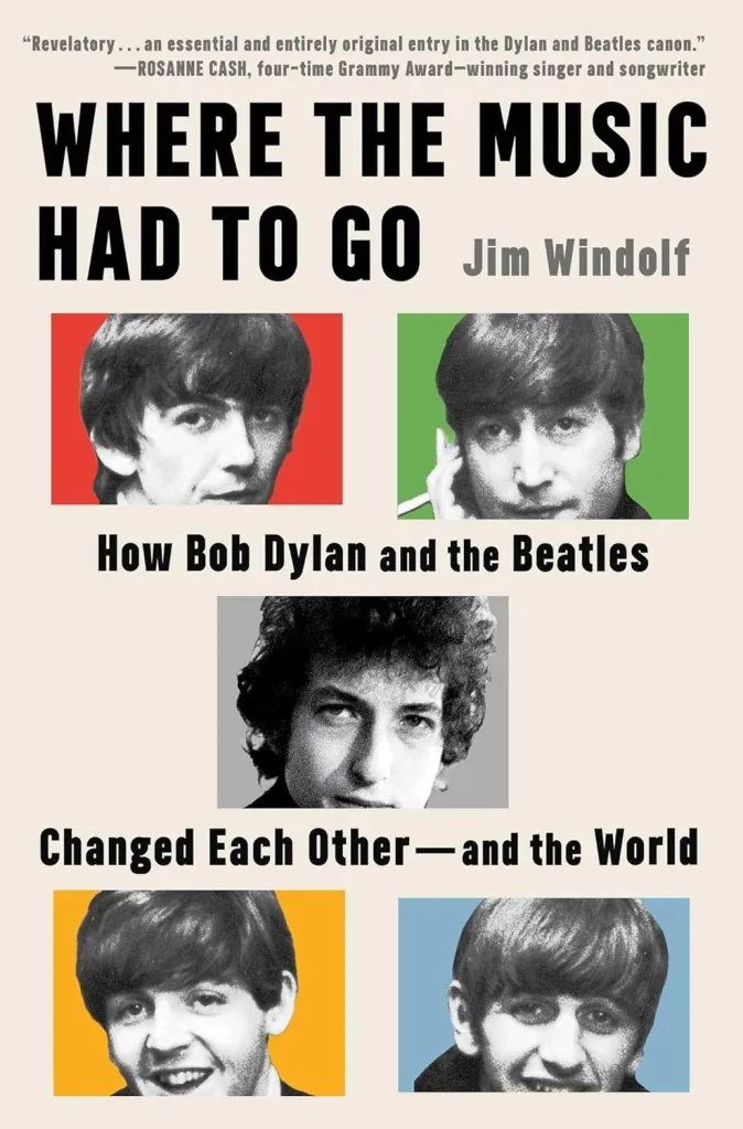 Collage of photos of Bob Dylan and The Beatles, with text 