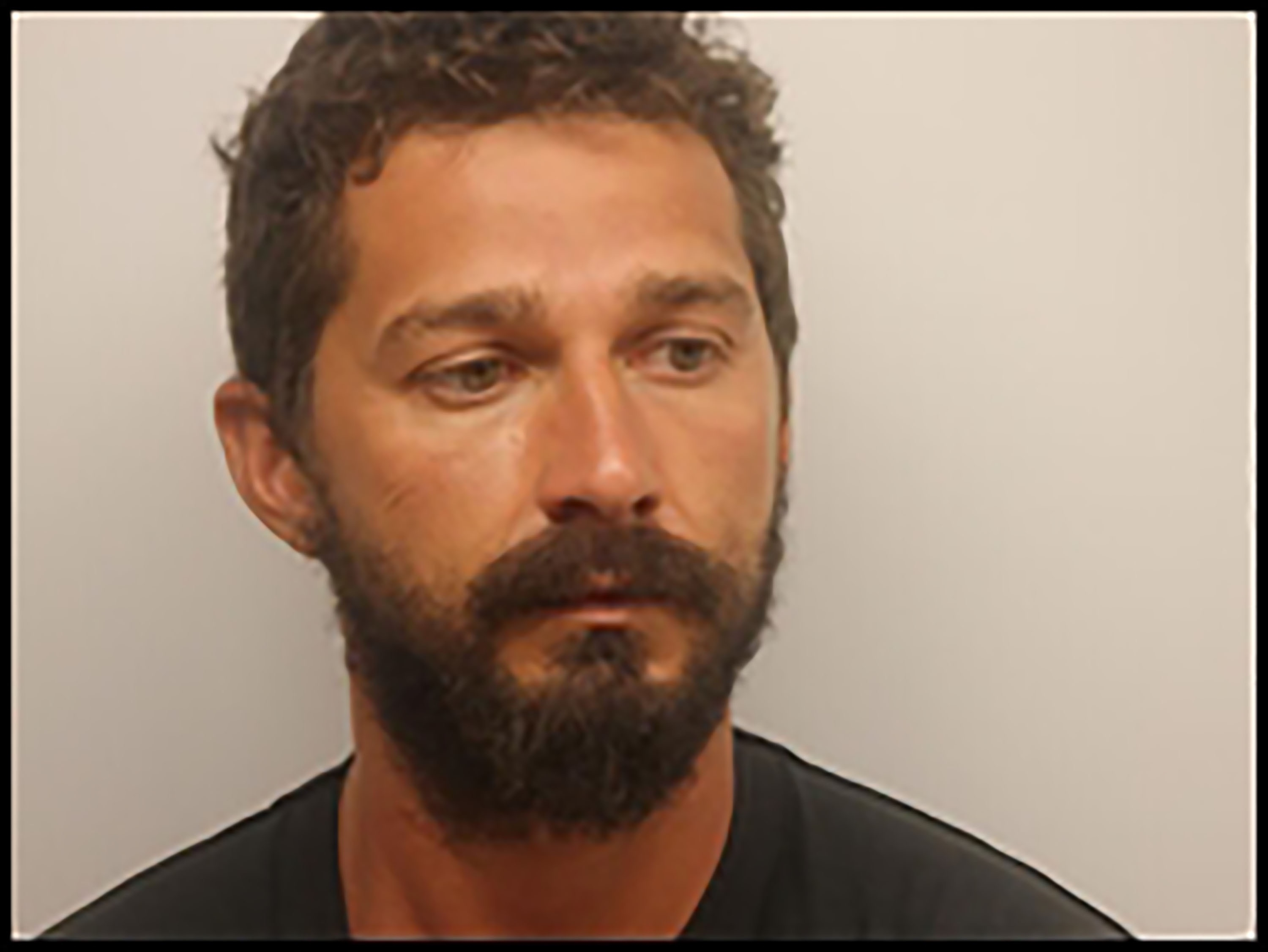 Shia LaBeouf's 2017 mugshot, showing him with a beard, messy hair, and a dark shirt.