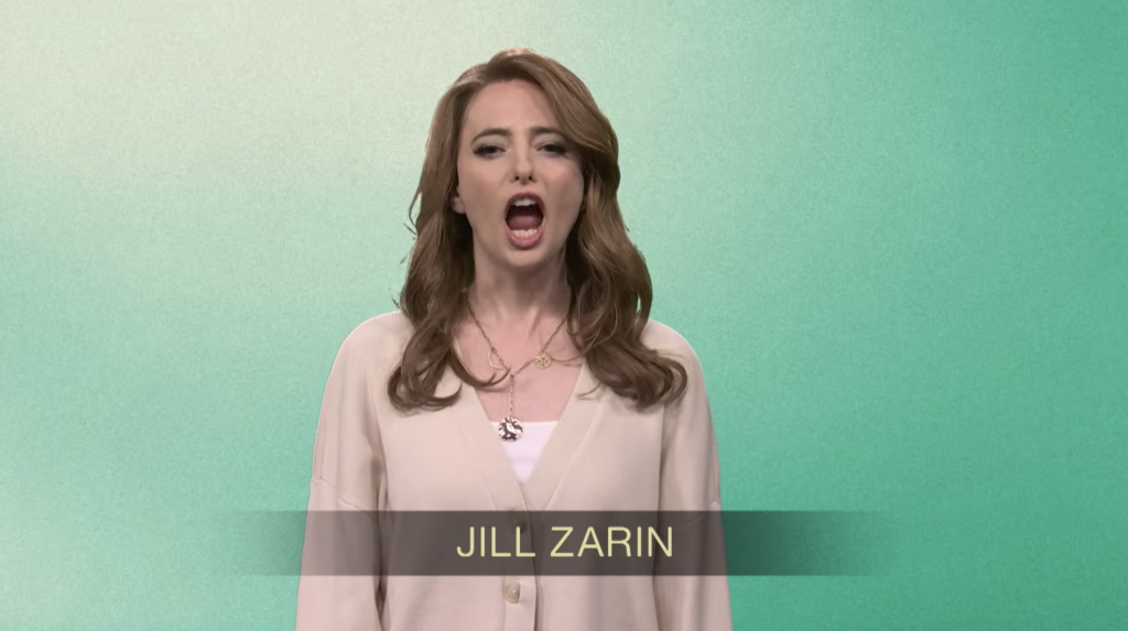 A woman with brown hair and a white cardigan yelling, with 