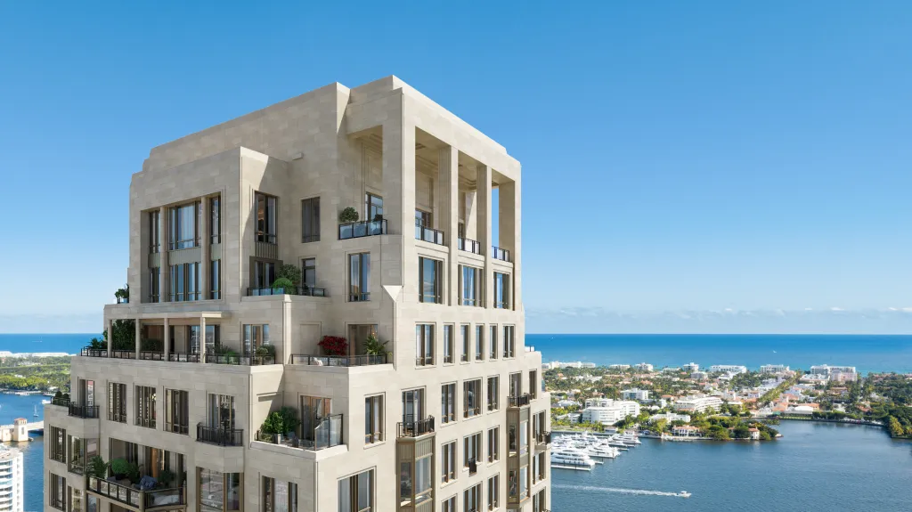 Illustration of the South Flagler House building overlooking the water with boats and the coastline.
