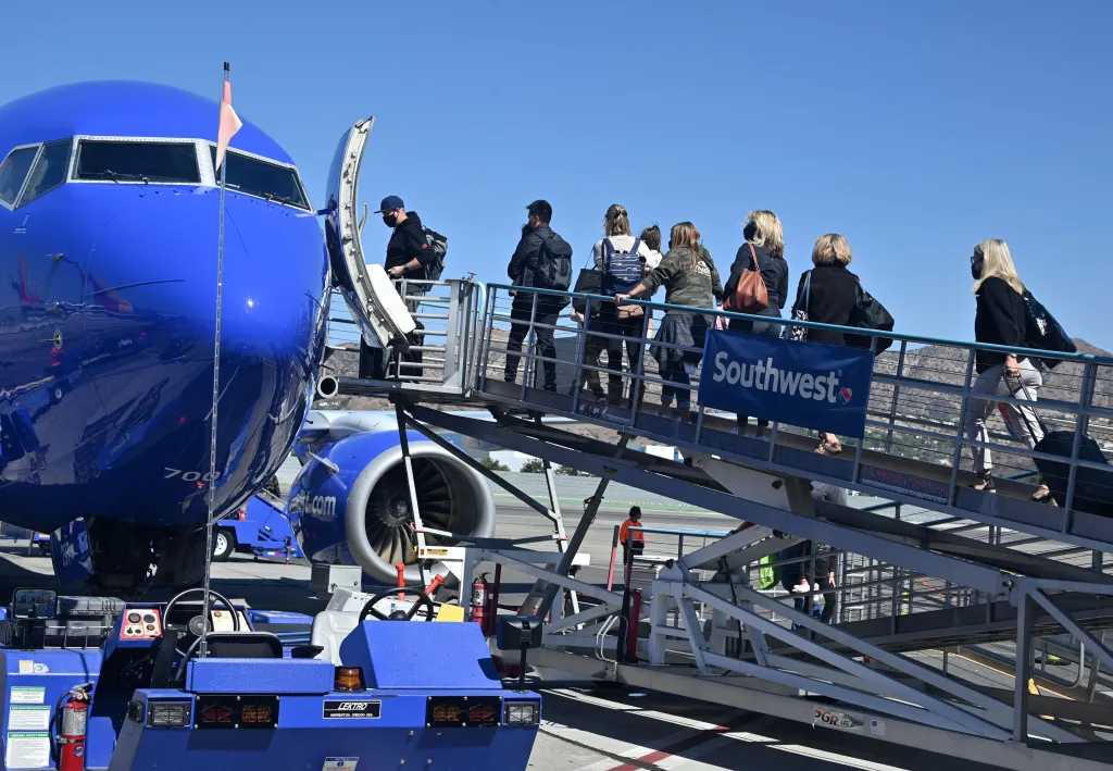 Passengers boarding a Southwest Airlines plane at Hollywood Burbank Airport.