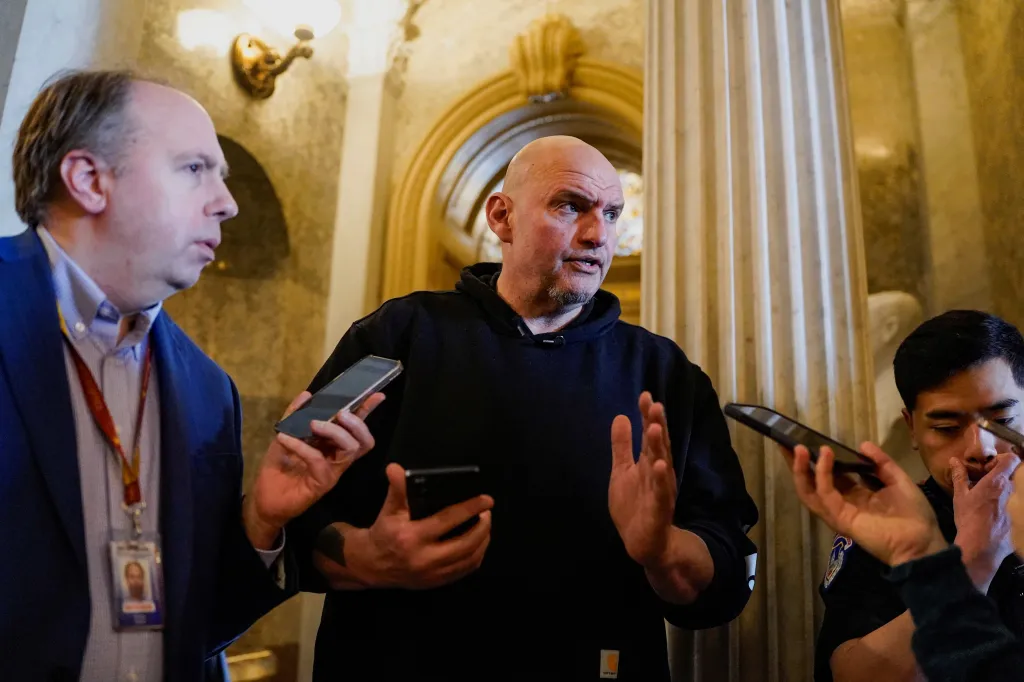 U.S. Senator John Fetterman speaking to the media at the U.S. Capitol.