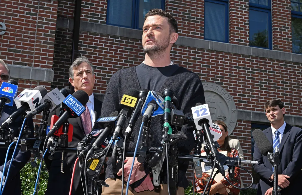 Justin Timberlake speaks at a press conference after his DUI sentencing in Sag Harbor.