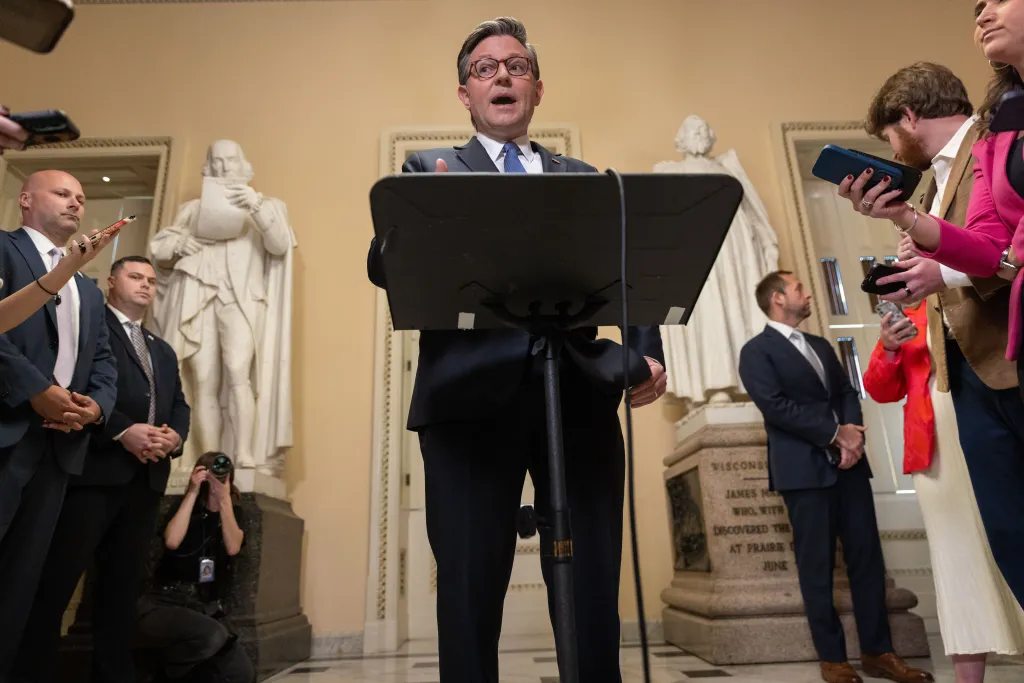 Speaker of the House Mike Johnson speaks to reporters at the U.S. Capitol.
