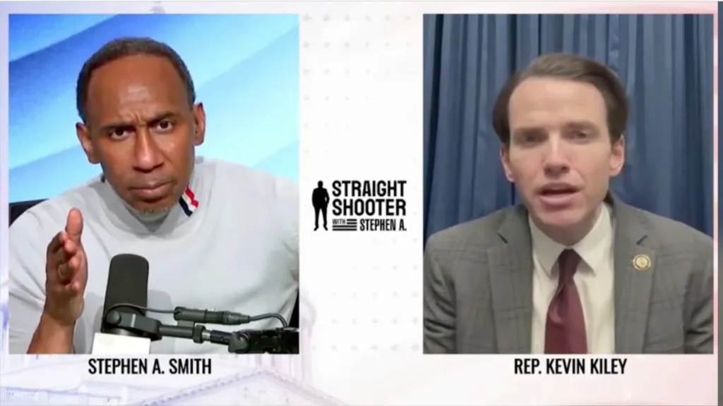 Split screen image with Stephen A. Smith looking stunned and Kevin Kiley speaking.