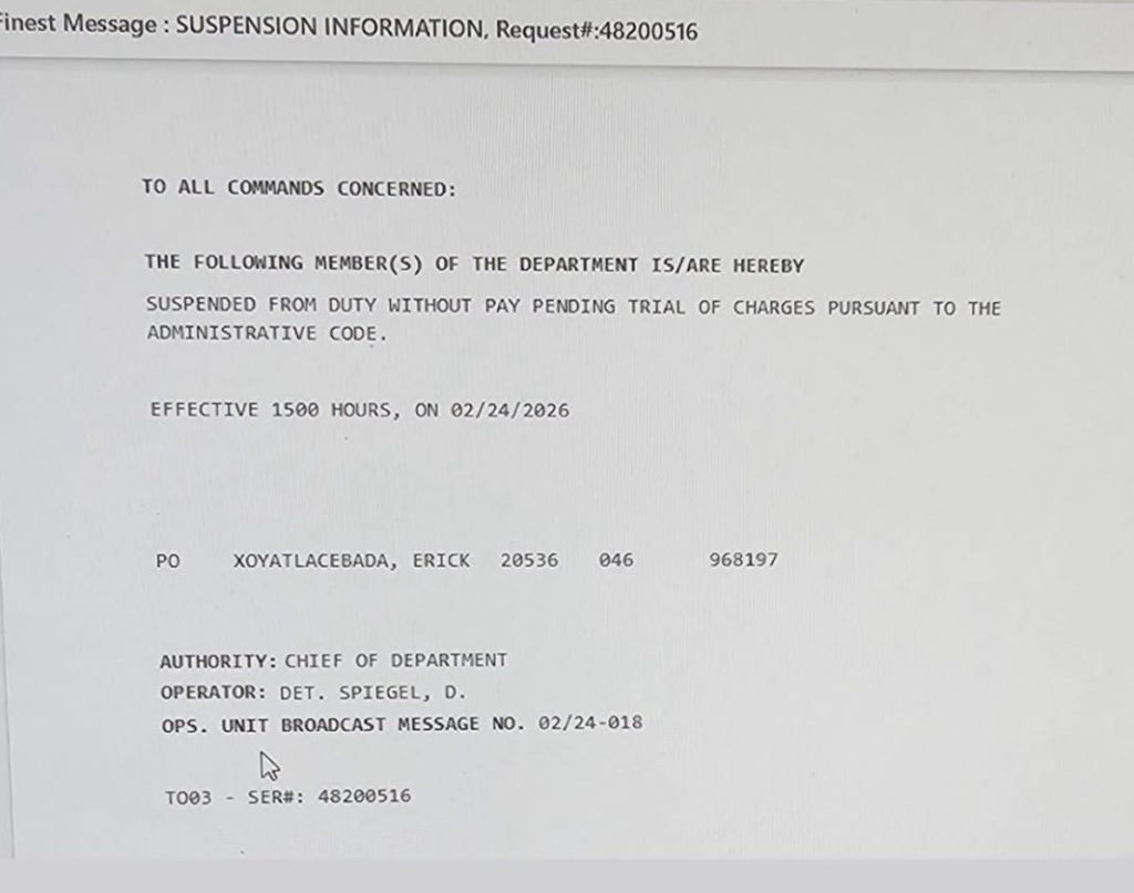 A police suspension notice for Officer Erick Xoyatlacebada.