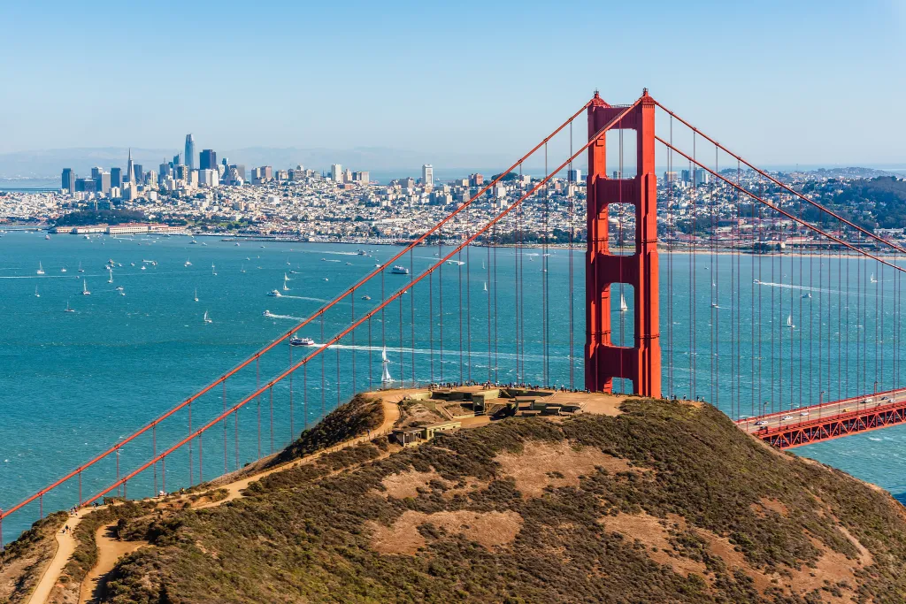 Sweeping view of the Golden Gate Bridge, Marin Headlands, San Francisco Bay, and the city skyline.