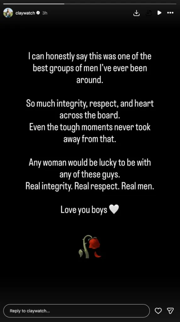An Instagram story by claywatch with text praising a group of men, including 