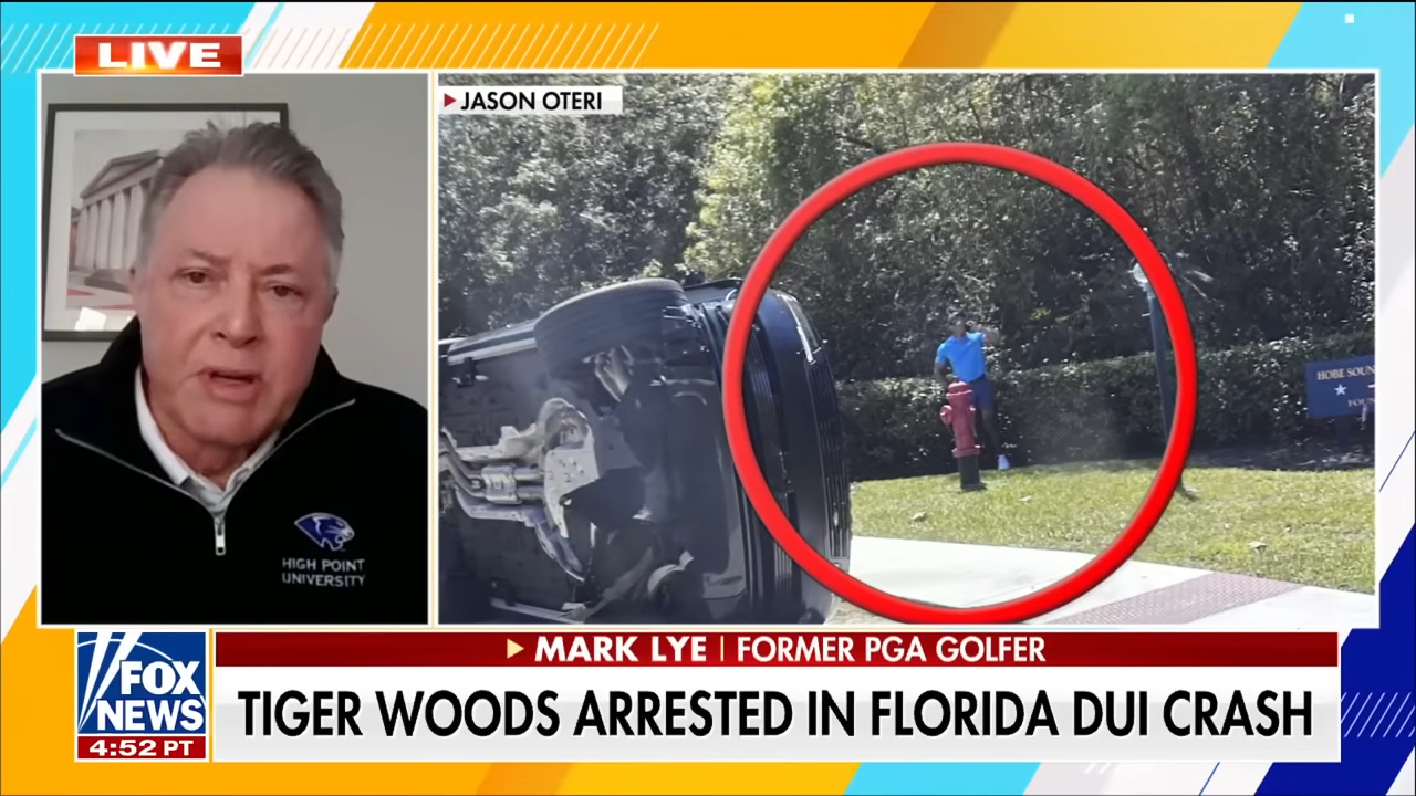 Collage of a man on the left and an overturned car next to a hydrant and person on the right, reporting on Tiger Woods' DUI arrest.