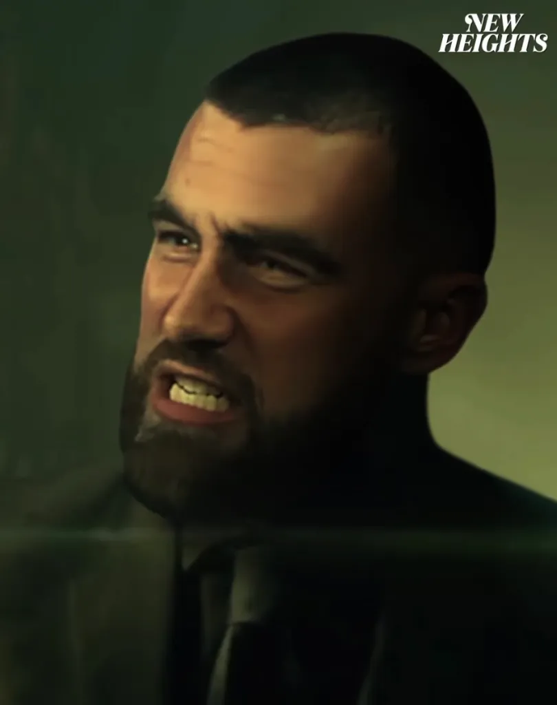 Illustration of Travis Kelce with a stern expression, wearing a suit.