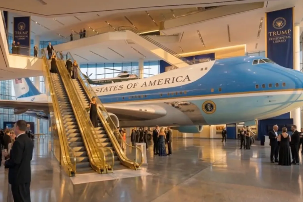 An Air Force One plane in a large exhibition hall with a gold escalator and people in formal attire.