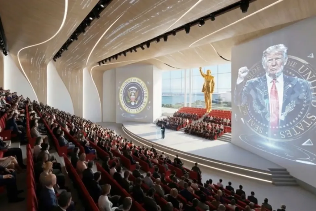 Illustration of a large auditorium with a gold statue of Trump and a projected image of Trump.